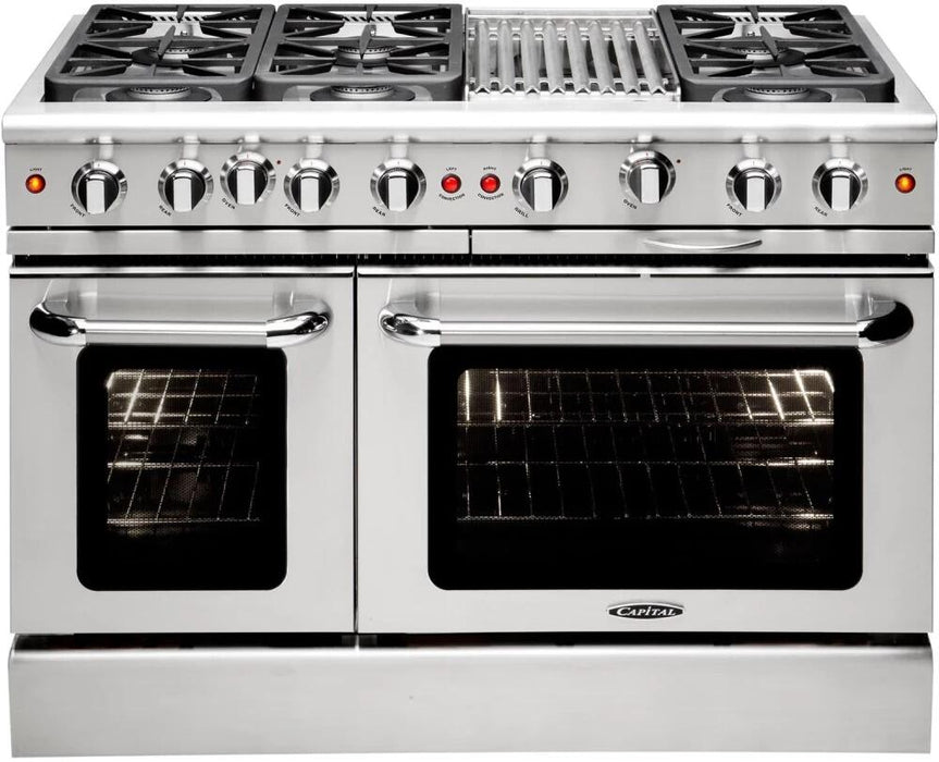 Capital Precision Series 48" Freestanding All Gas Range with 8 Sealed Burners, Optional Griddle/Grill, 7.1 cu. ft. Total Capacity Double Oven in Stainless Steel (MCR488)