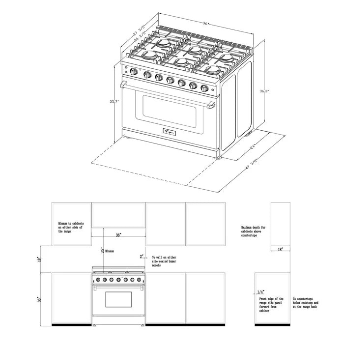 Empava 36" Slide-In Single Oven Natural Gas Range with 6 Burners - 6 cu.ft, EMPV-36GR11