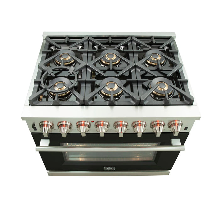 Forno 36 Inch Professional Freestanding Dual Fuel Range in Black, FFSGS6187-36BLK