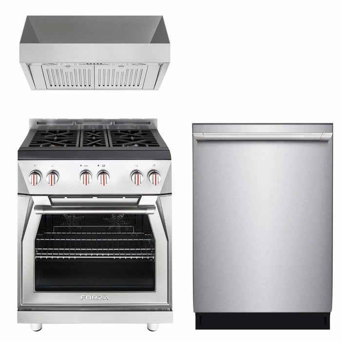 Forza 3-Piece Appliance Package - 30-Inch Gas Range, 11-Inch Tall Premium Range Hood, & 24-Inch Dishwasher in Stainless Steel