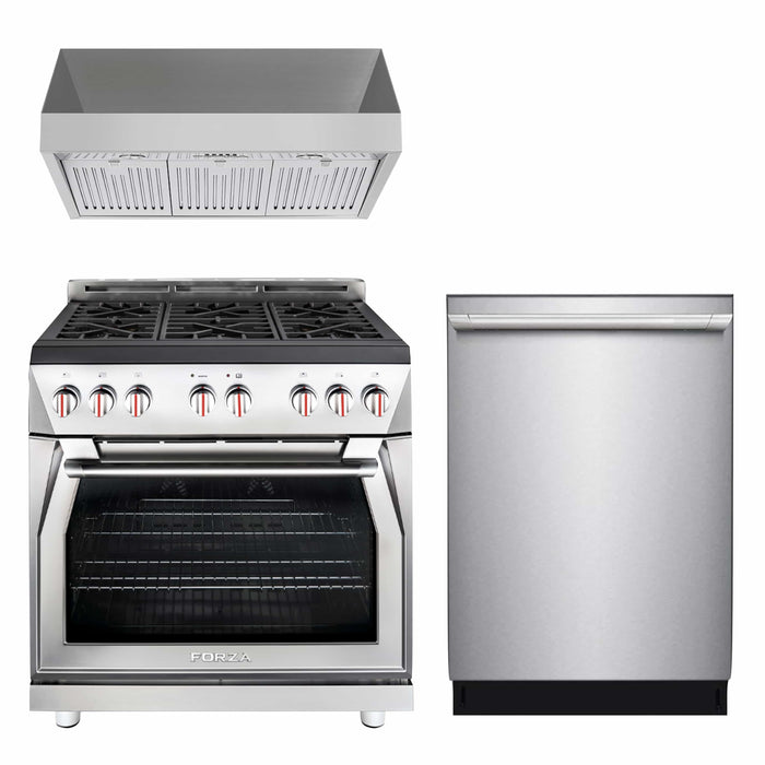 Forza 3-Piece Appliance Package - 36-Inch Gas Range, 18-Inch Tall Premium Range Hood, & 24-Inch Dishwasher in Stainless Steel