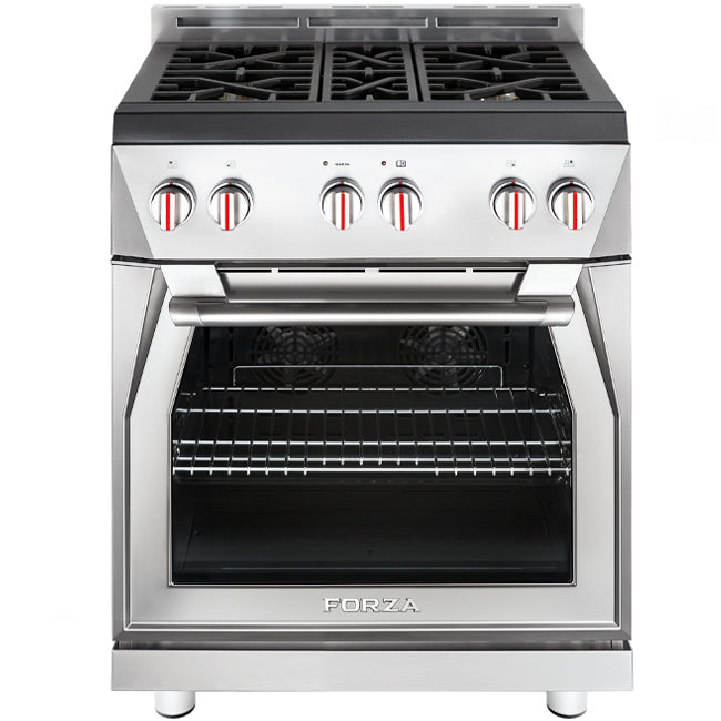 Forza 4-Piece Appliance Package - 30-Inch Gas Range, Pro-Style Range Hood, 24-Inch Dishwasher in Stainless Steel and Refrigerator in Stainless Steel