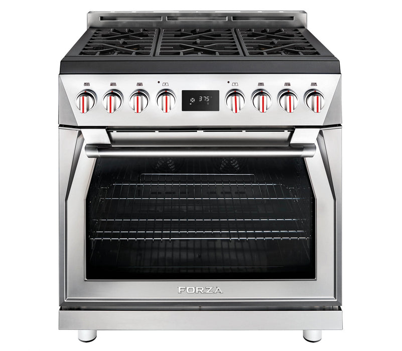 Forza 4-Piece Appliance Package - 36-Inch Dual Fuel Range, Pro-Style Range Hood, 24-Inch Dishwasher and Refrigerator in Stainless Steel