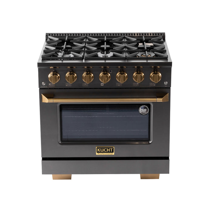 Kucht Gemstone Professional 36" 5.2 cu. ft. Propane Gas Range in Titanium Stainless Steel with Gold Accents, KEG363/LP