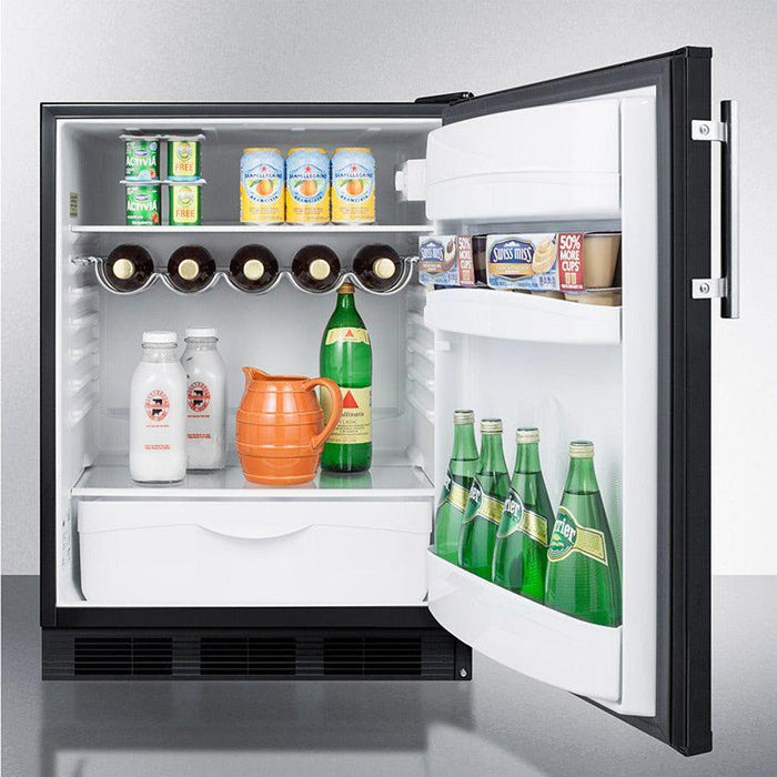 Summit 24 in. Refrigerator with 5.5 cu. ft. Capacity, 3 Adjustable Glass Shelves, Crisper Drawer, 3 Door Bins, 5-Bottle Wine Rack, Interior Lighting and Dial Thermostat: Black Cabinet - FF63BK