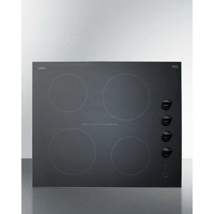 Summit 24 in. Wide 230V 4-Burner Radiant Cooktop with 4 Elements, Push-to-Turn Knobs, Schott Ceran Glass in Black - CR4B242BK