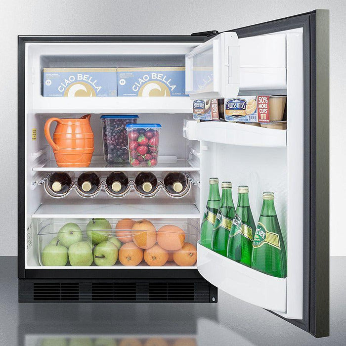 Summit 24 in. Wide Built-In Refrigerator-Freezer with 5.1 cu. ft. Capacity, 2 Glass Shelves, Crisper Drawer, Cycle Defrost, CFC Free, Wine Shelf, Adjustable Glass Shelves, Adjustable Thermostat, Cycle Defrost, Dual Evaporator Cooling - CT663BKBI