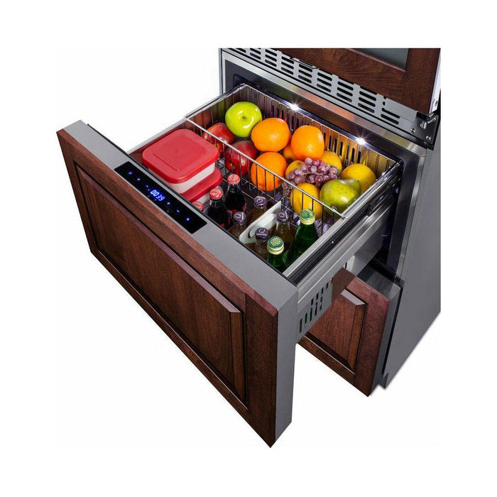 Summit 24 in. Wide Combination Dual-Zone Wine Cellar and 2-Drawer Refrigerator-Freezer (Panels Not Included) with 6 Right Hinge, with Door Lock, Automatic Defrost, CFC Free, LED Lighting, Double Pane Tempered Glass Door - SWCDRF24