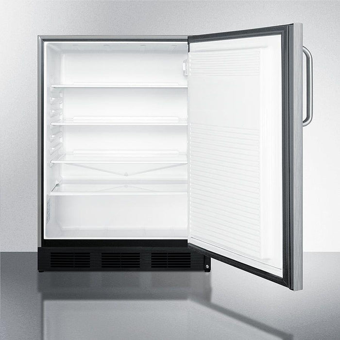 Summit 24 in. Wide Outdoor All-Refrigerator with 5.5 cu. ft. Capacity, 3 Glass Shelves, Right Hinge, with Door Lock, Crisper Drawer, Automatic Defrost Adjustable Glass Shelves, Factory Installed Lock, 304 Grade Stainless Steel - SPR7BOSST