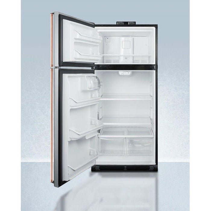 Summit 30 in. Top Freezer Refrigerator with 18 cu. ft. Total Capacity, Crisper Drawer, Frost Free Defrost, Adjustable Glass Shelves and Thermostat, High/Low Temperature Alarm, NIST Display, Sealed Back, CARB Compliant in Stainless look - BKRF18PLCP