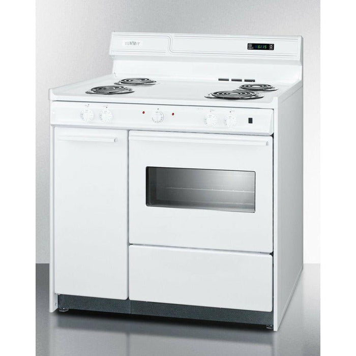 Summit 36 in. Wide Electric Coil Top Range with Oven Window, Side Storage and Clock - WEM430KW