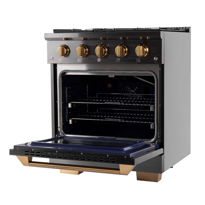 Kucht Gemstone Professional 30" 4.2 cu. ft. Dual Fuel Range in Titanium Stainless Steel with Gold Accents, KED304